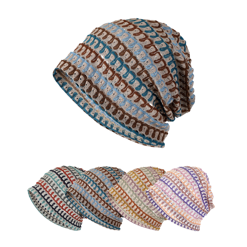 Bohemian Striped Hollow Out Knit Beanie Unisex Lightweight Breathable Mesh Slouch Hat for Summer