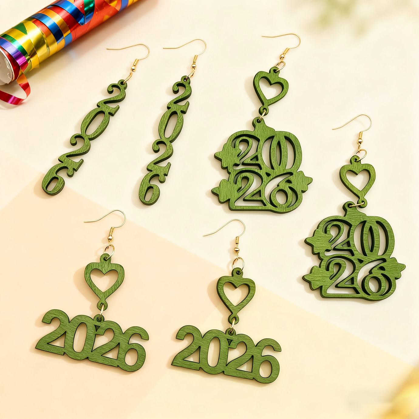 Three Pairs of Green Wooden New Year 2026 Design Pendant Earrings for Women, Autumn and Winter Season