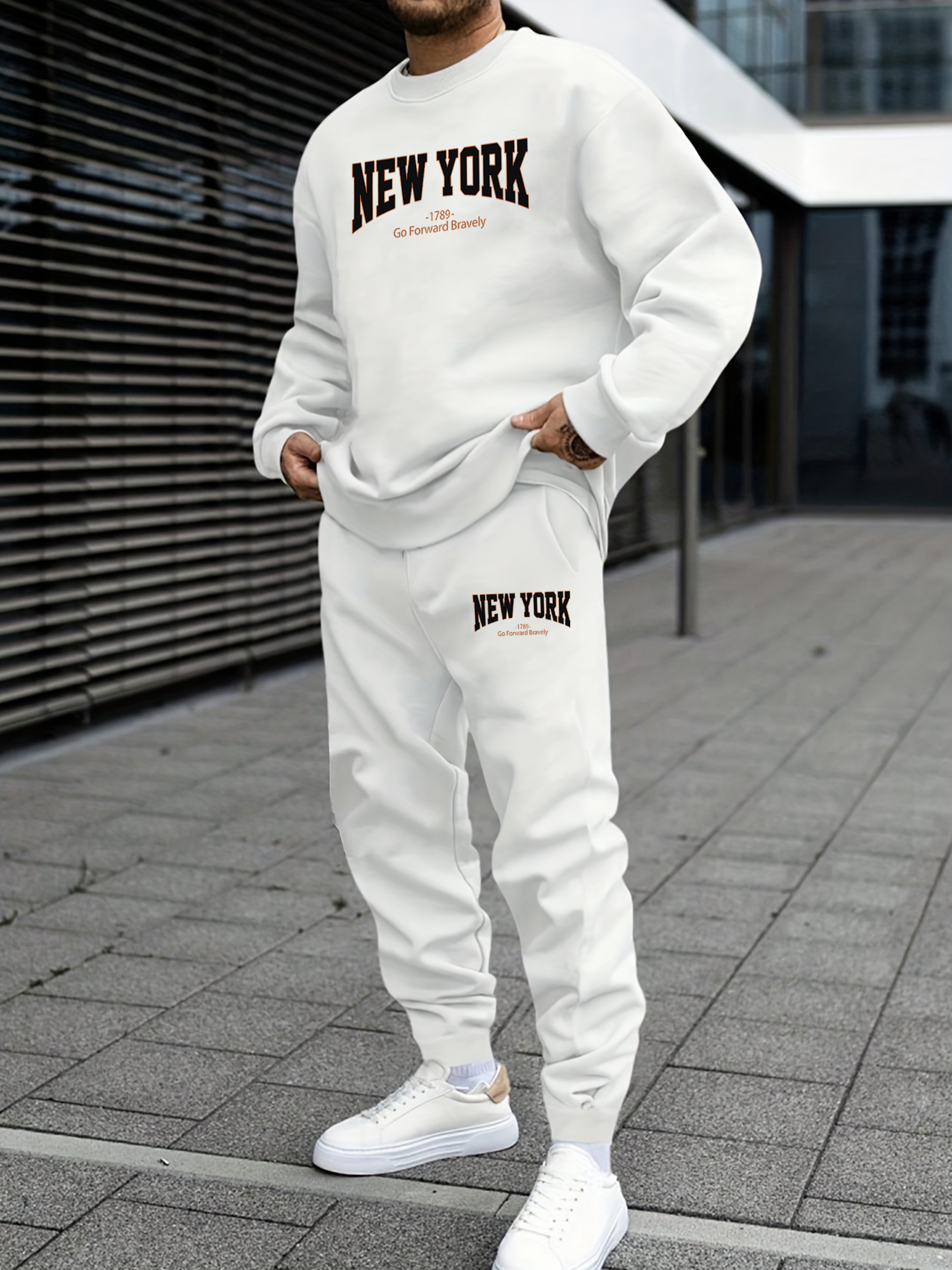 New York Go Forward Bravely Print Men Sweatshirt Set Fleece Loose Pullovers Autumn Casual Sweatpants High Street Man Tracksuit