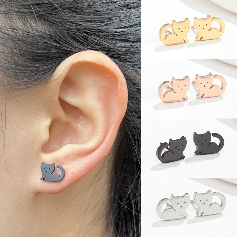 Cute Cat Stud Earrings for Women Mini Stainless Steel Piercing Ear Jewelry Girls Birthday Lovely Kitty Earring Accessories