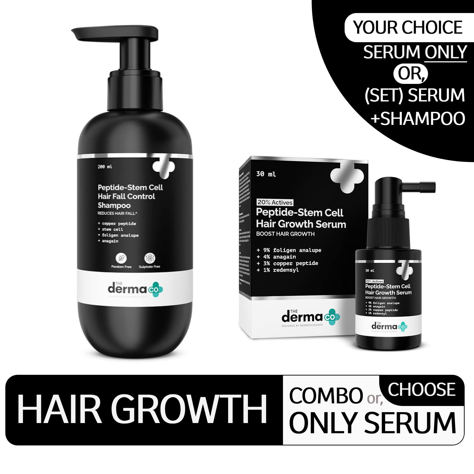 The Derma Co 20% Actives Peptide Stem Cell Hair Growth Serum-30Ml|With 9% Foligen Analupe|4% Anagain|3% Copper Peptide|1% Redensyl|Boosts Hair Growth|Promotes Healthy Scalp|For All Hair Types | From HyperMart | Hyper Mart