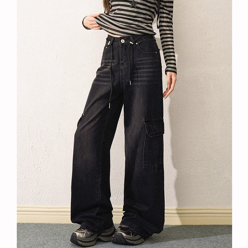 New Lady Chic Vintage Solid Jeans Girls Fashion High Waist Denim Trousers Women Designer Ins Korean Wide Leg Pants