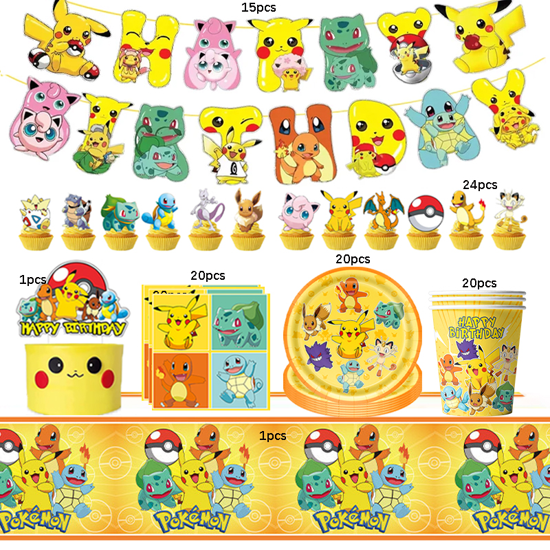 New Pokemon Plate Cup Kit Pikachu Birthday Party Decoration Balloon Bottle label Bag Cupcake Topper Kids Favors Baby Shower