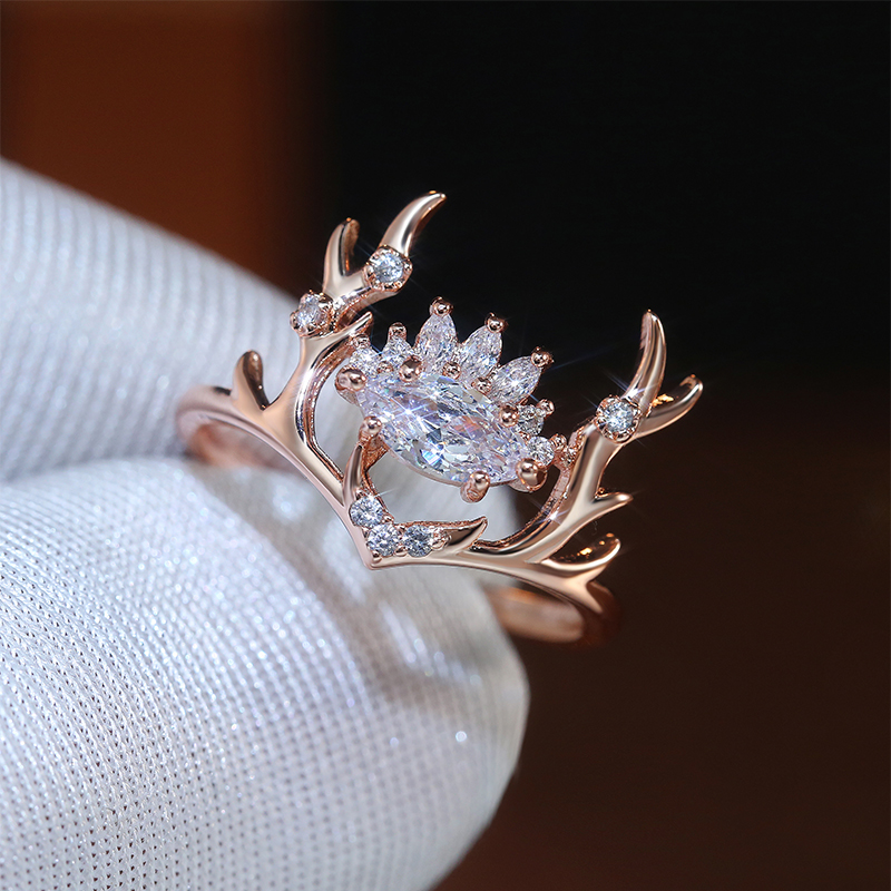 Huitan Fashion Elk Women Ring Rose Gold Color Cute Antler Crystal Zirconia Party Present Rings Accessories New Design