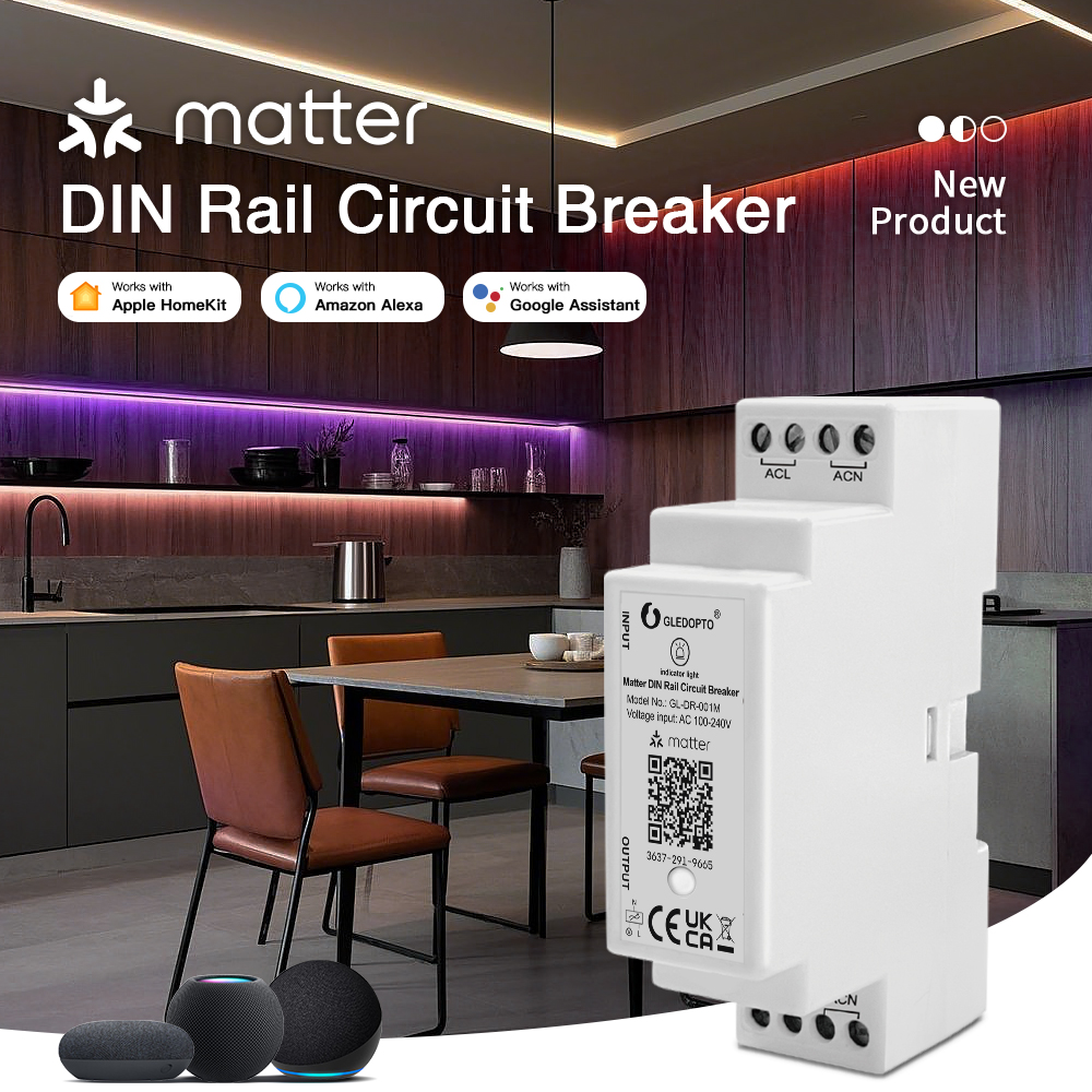 GLEDOPTO Matter DIN Rail Circuit Breaker 16A Smart WiFi Switch - APP Remote Control Voice Compatible for Household Appliances
