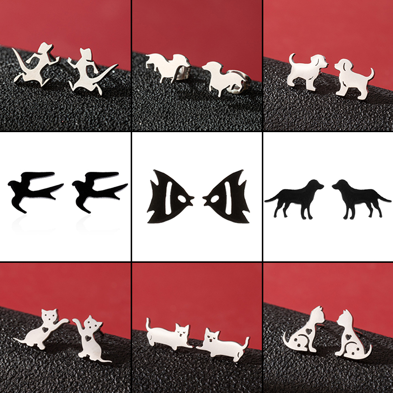 Lovely Stainless Steel Dog Cat Earring Cartoon Fish Bird Ear Jewelry Girls Birthday Party Cute Pet Earrings Accessories
