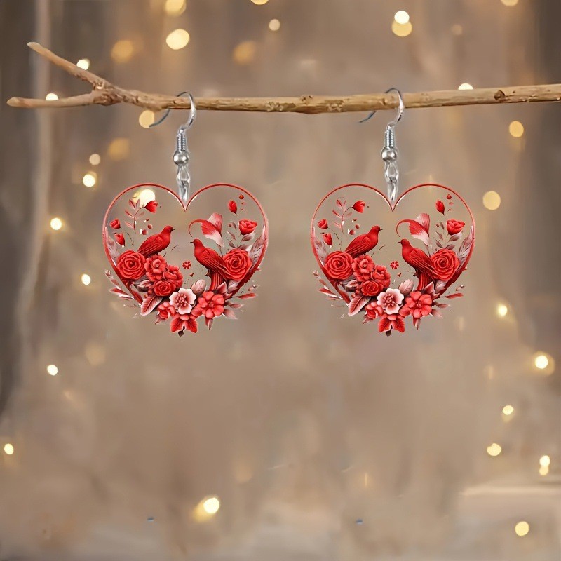 1 pair of elegant Valentine's Day heart-shaped rose bird earrings, acrylic transparent design, especially suitable for holiday p