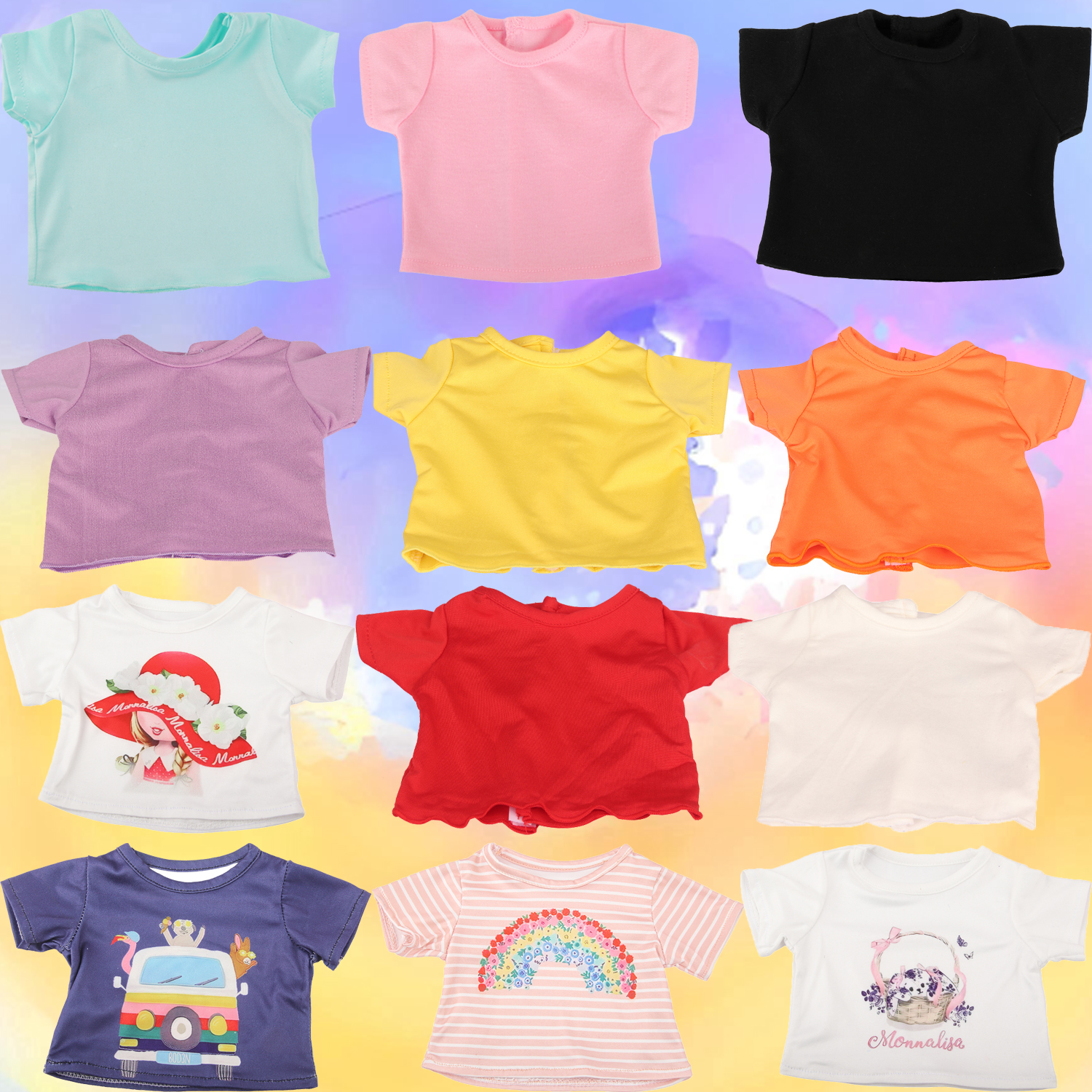Cute Cartoon Doll T-shirt For 18-inch American Dolls Girl Car Rainbow Flower Basket Printing Clothing For 43cm Baby Newborn Doll