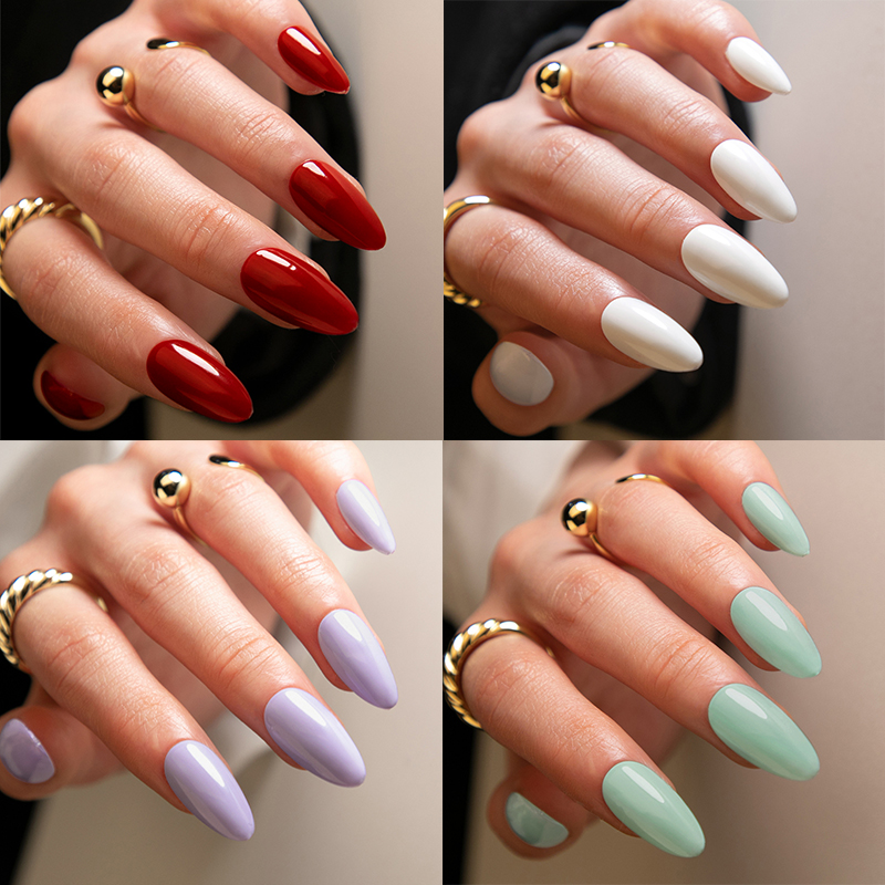 24Pcs Solid Color Almond Head Fake Nails Fashion Red Purple Green Black Detachable Finished False Nails Press on Nail For Women