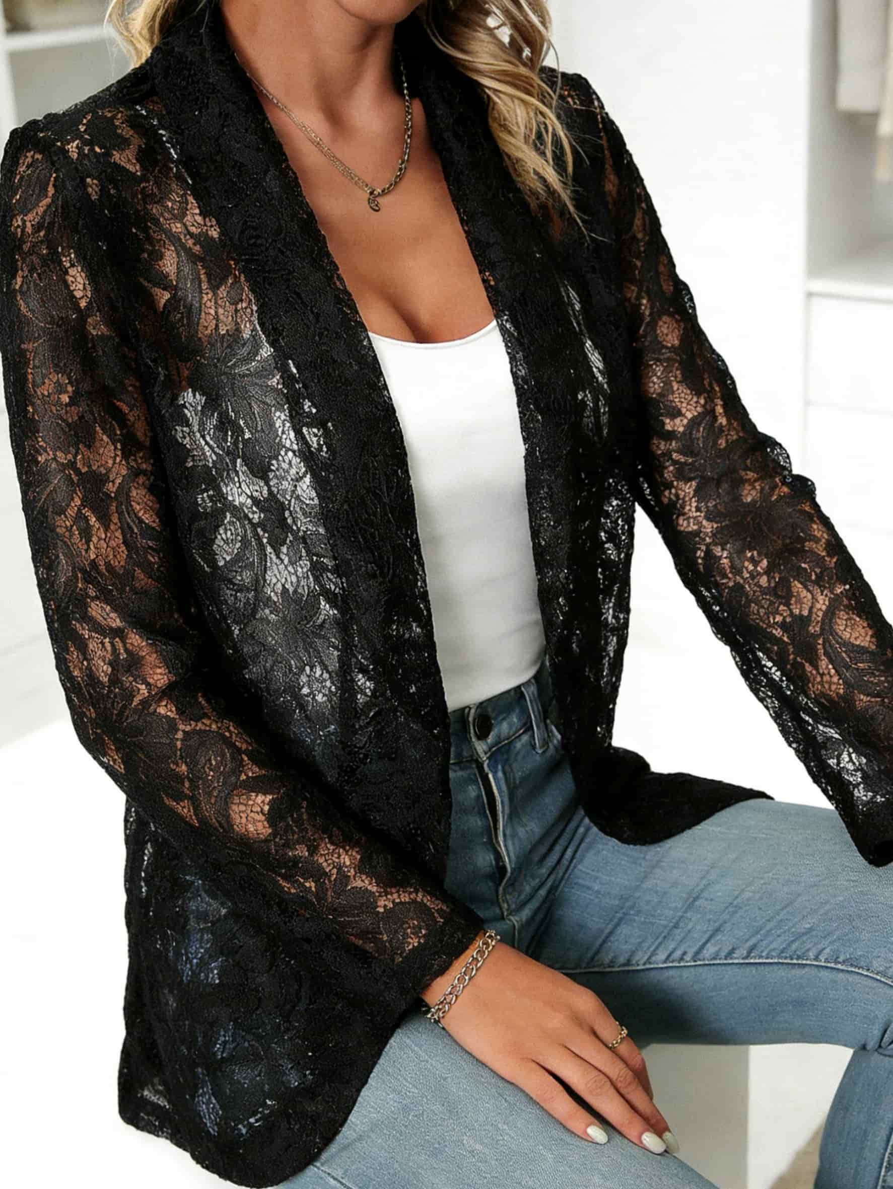 2026 New Women's Spring Suit Jacket, Lace Semi-permeable, Long-sleeved Suit Collar, Buckle-free Design, Office Women's Clothing