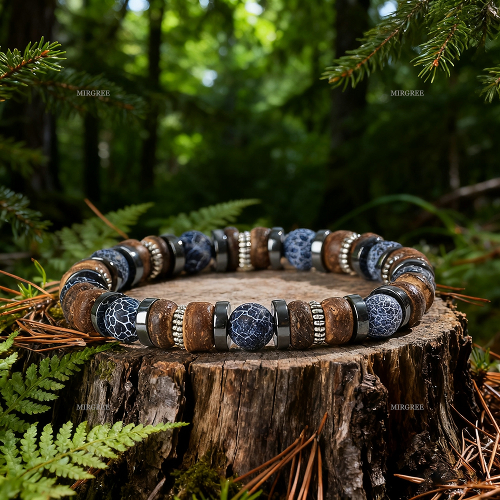1pc Men's Natural Stone Wooden Bracelet, Rugged Style, Fashionable Jewelry, Showcasing Mature Male Charm in Outdoor Scenes