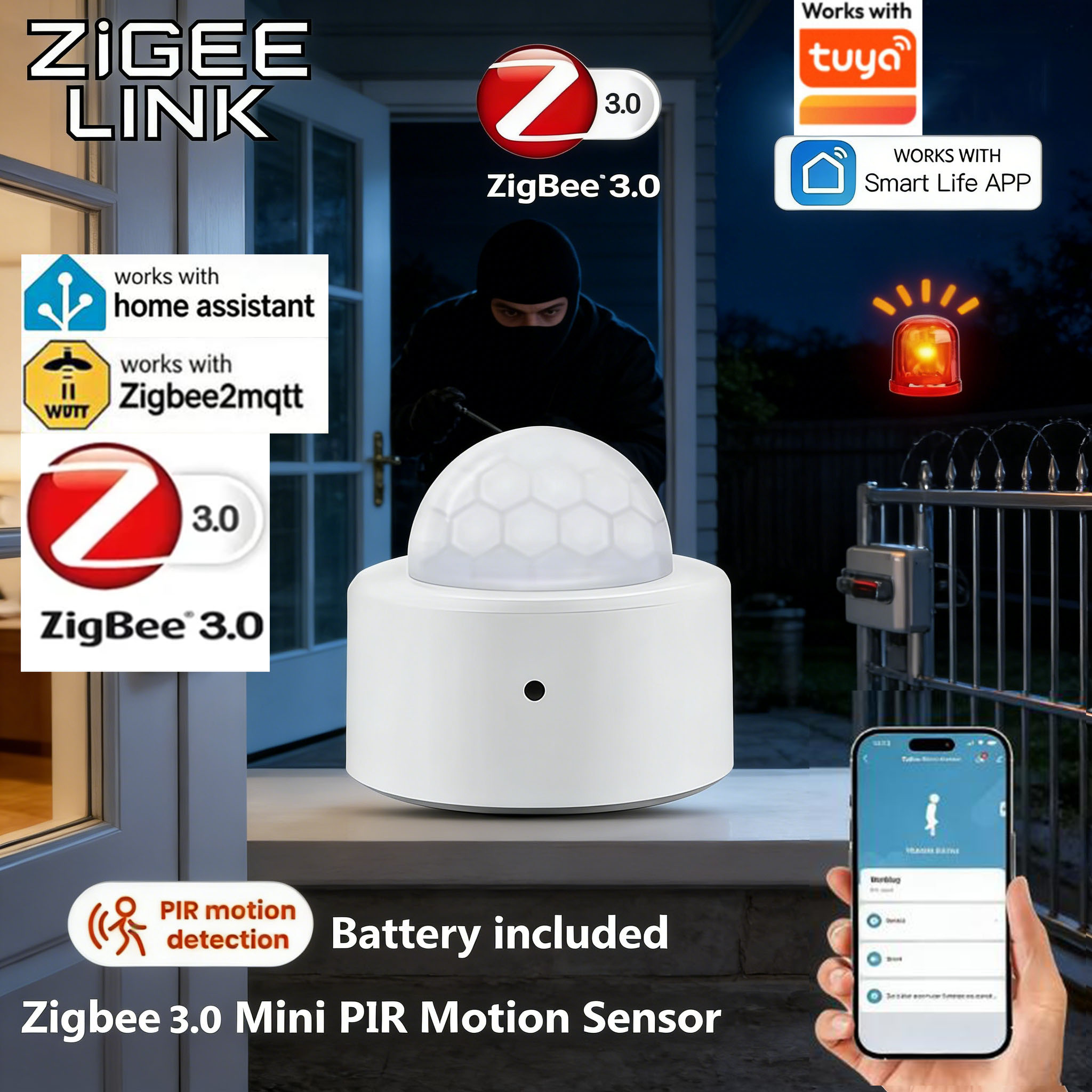 Smart PIR Motion Sensor ZigBee Human Body Infrared Induction Detector Home Security Alarm for Tuya APP for Home Office Garage
