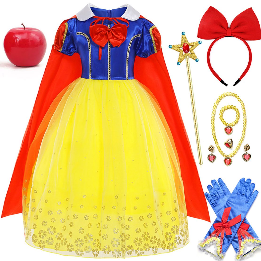 Disney Girl Cosplay Snow White Pricess Dress Yellow Luxury Lace Costume With Cloak Holiday Birthday Party Dress Suit 2-10Y