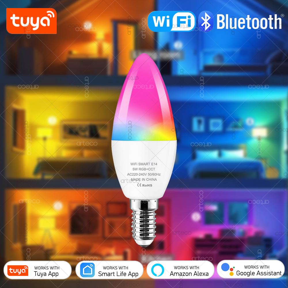 LED Bulb Candle Smart Lamp E14 TUYA Bluetooth WiFi Dimmable RGB Light 220V APP Group Control Smart Life For Home Room Decoration