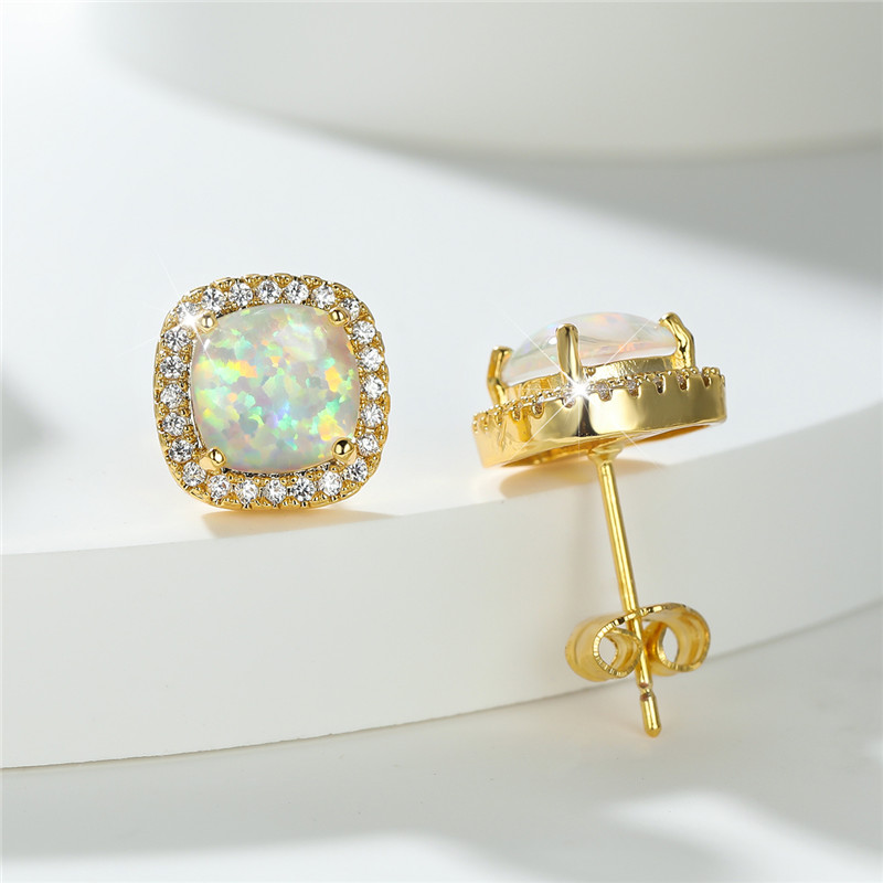 Cute Female Green White Fire Opal Stud Earrings Vintage Yellow Gold Color Wedding Jewelry For Women