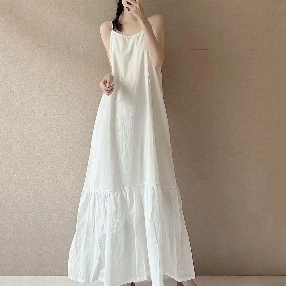 Cotton Linen Solid Color Dress Simple Splicing Strap Dress Summer Elegance Loose Artistic Long Dress Women's Fashion New Style