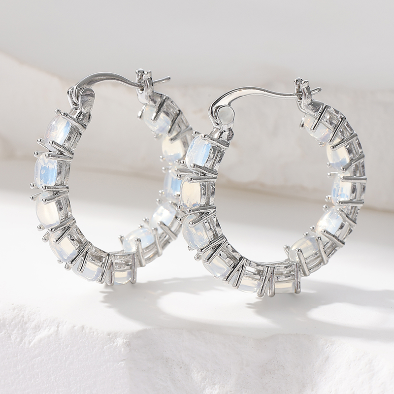 Charm Silver Color Small Hoop Earrings For Women Trendy Bridal Round Stone Wedding Earrings Cute Inlay White Opal Earrings