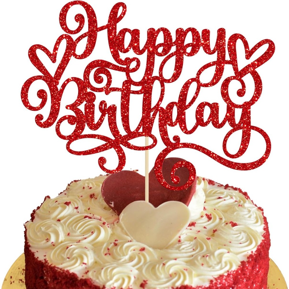 Love Heart Happy Birthday Cake Topper Red Glitter Sweet Love Valentine's Day Cake Picks Decorations for Valentine's Day