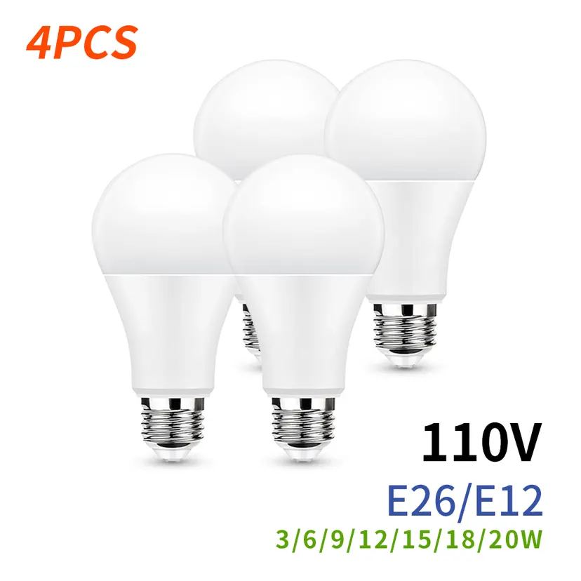 4PCS E26 E12 LED Bulb AC 110V SMD2835 3W 6W 9W 12W 15W 18W 20W LED Lamp Cold Warm White Led Bulbs Indoor Lighting