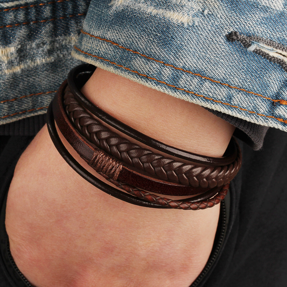 A Girl 1Pcs Classic Men's Leather Bracelet New Style Hand-woven Multi-layer Combination Accessory Fashion Man Jewelry