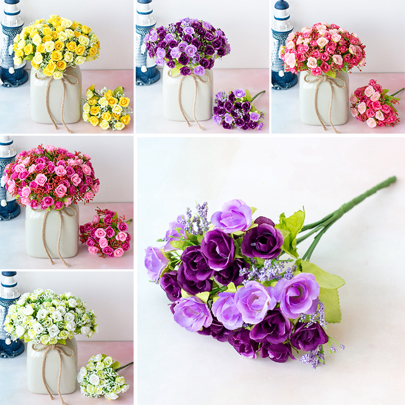 1pc Artificial Bouquet 7 Branches Mini Rose Artificial Flower Bouquet Purple White Yellow Artificial Bouquet Flower Home Decor