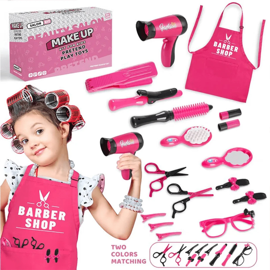 17pcs Girls Beauty Salon Set, Pretend Play Hair Cutting Kit, Hairdresser Toy With Hair Dryer, Scissors, Barber Apron Girl's
