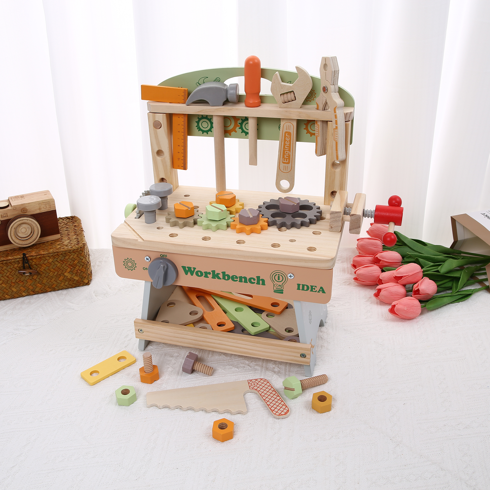 Wooden Tool Bench Simulation DIY Multifunctional Children Repair Play Creative Screw and Nut Assembly Toy