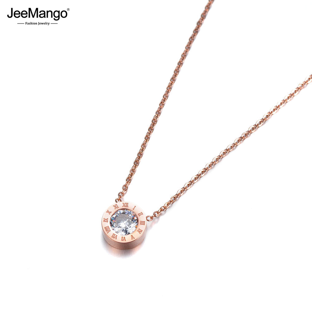 JeeMango Classic Round 2Ct Cubic Zirconia Pendant Necklace Jewelry Stainless Steel Chokers Necklace For Valentine's Day JN18004