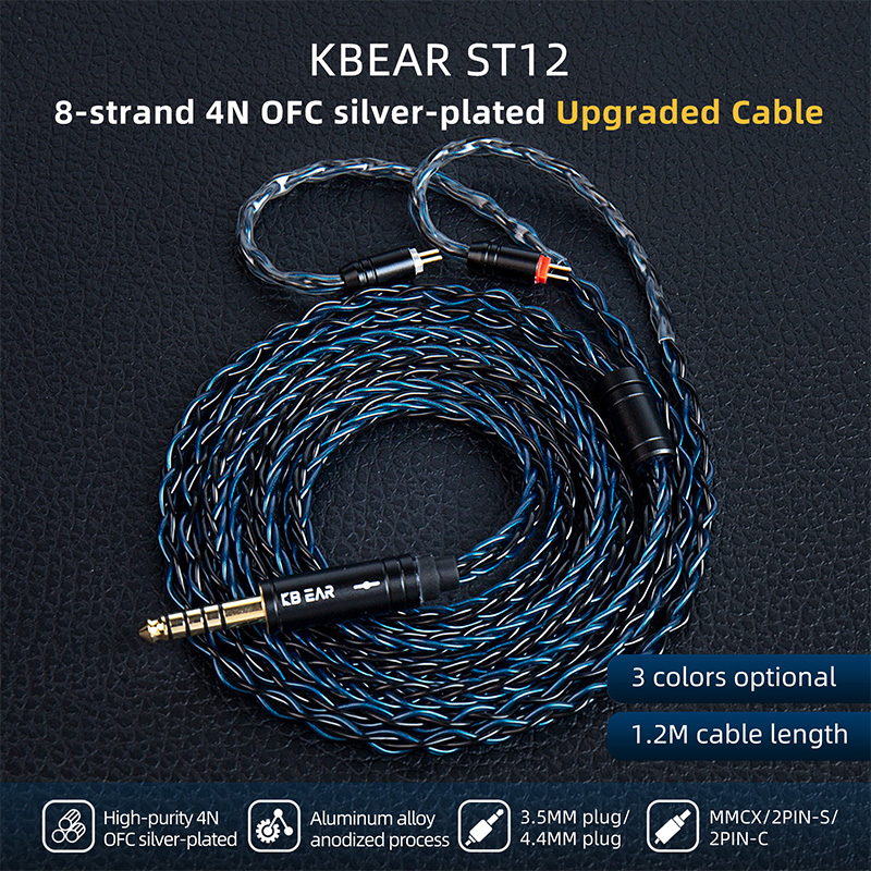 KBEAR ST12 Plus 2m 8 Core Silver-Plated Upgraded IEM Cable With 3.5/4.4mm 2PIN/QDC/MMCX Headphone Cable For KZ Gaming Headset