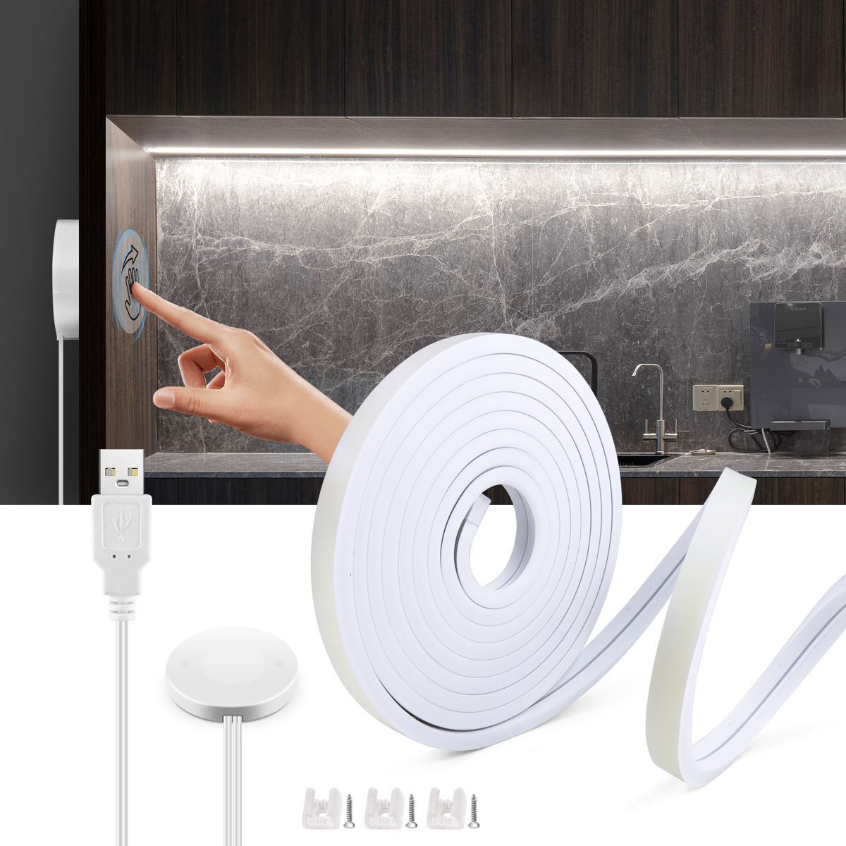 USB 5V LED Under Cabinet Light COB Strip Dimmable Night Neon Tape With Penetrable Wood Hand Scan Touch Sensor Switch For Kitchen