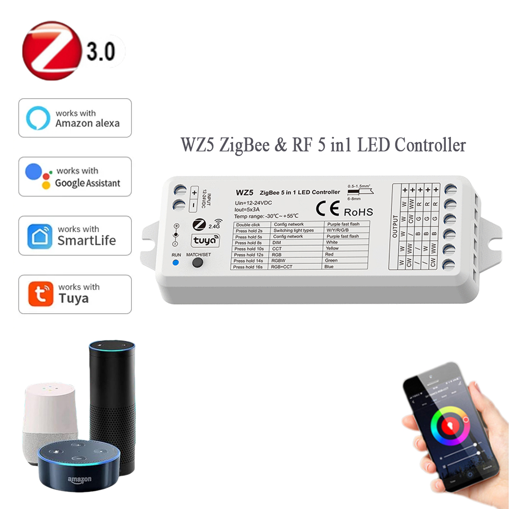 ZIGBEE Tuya RGBCCT LED Controller DC 12V 24V Dimmer 5CH RGBW RGB CCT Driver Voice Smart Contol Support Smart Life Alexa Echo WZ5