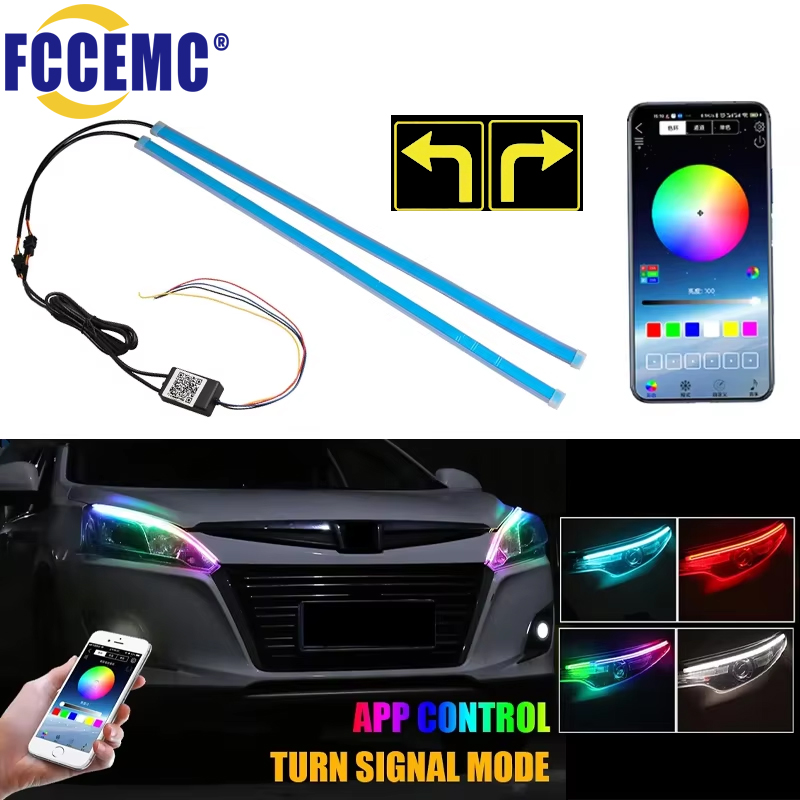 App Control DRL Car Daytime Running Light With Turn Signal RGB Scan Start Flexible Symphony Flowing LED Headlight Strip 12V