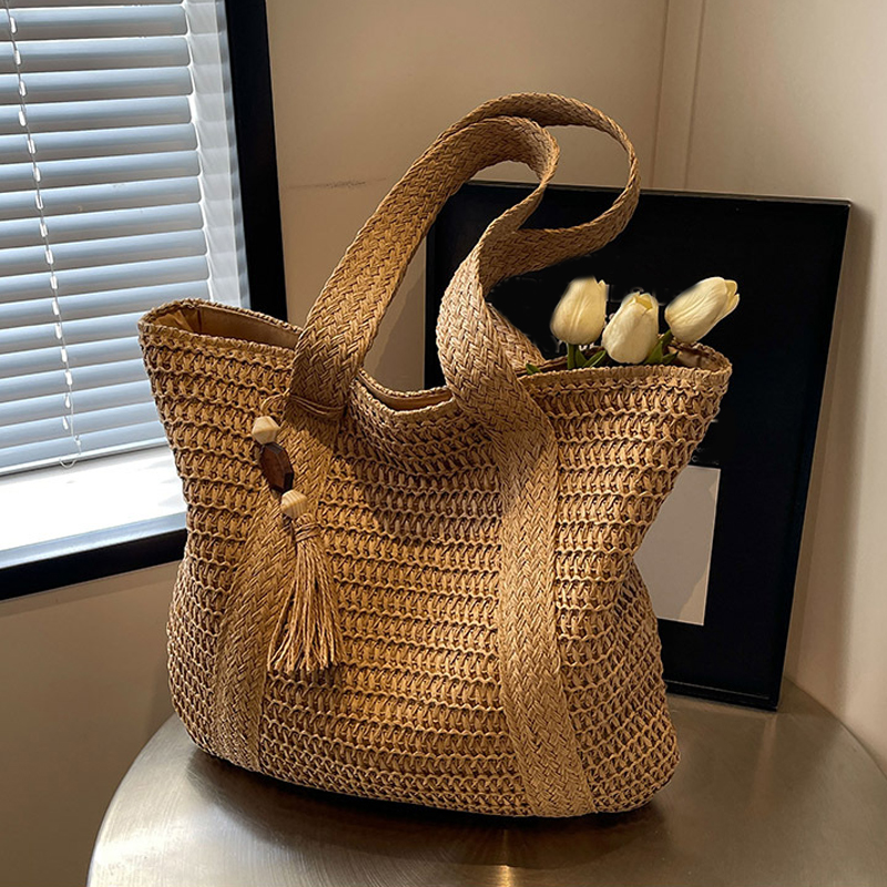 Summer Straw Bag for Women Handmade Woven Shoulder Bag Large Capacity Tote Bags with Pendant Armpit Bag Top-handle Handbag Purse