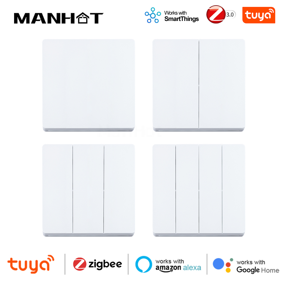 Manhot Smart EU Zigbee Button Switch No Capacitor Wire Required 1/2/3Gang Wall Light Switch Work With Tuya Alexa Home