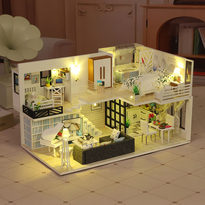 DIY Miniature Dollhouse Kit Modern Minimalist Loft Apartment with LED Light 3D Wooden Puzzle Full Furniture Creative Craft