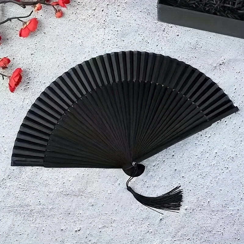 Vintage Black Bamboo Folding Fan - Handmade Retro Chinese/Japanese Style, 21.01 cm, Lightweight & Durable