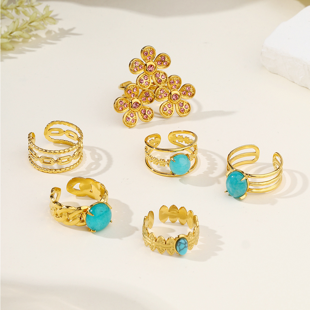 Kissmoon 18K Gold Plated Vintage Natural Stone Open Ring for Women Stainless Steel Waterproof Retro Ring Daily Jewelry