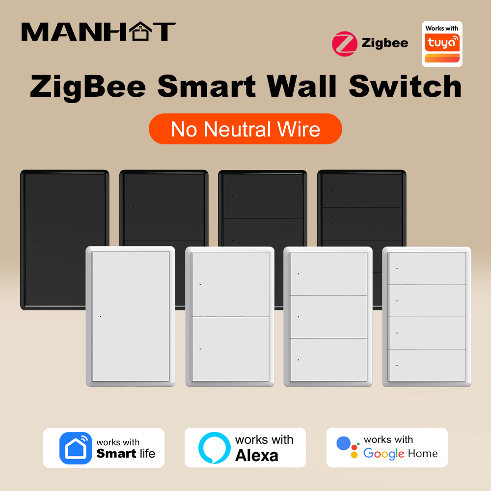 Manhot Tuya ZigBee Smart Switch No Neutral Wire Required US Push Button Light Switch Voice Control With Alexa Assistant lightify