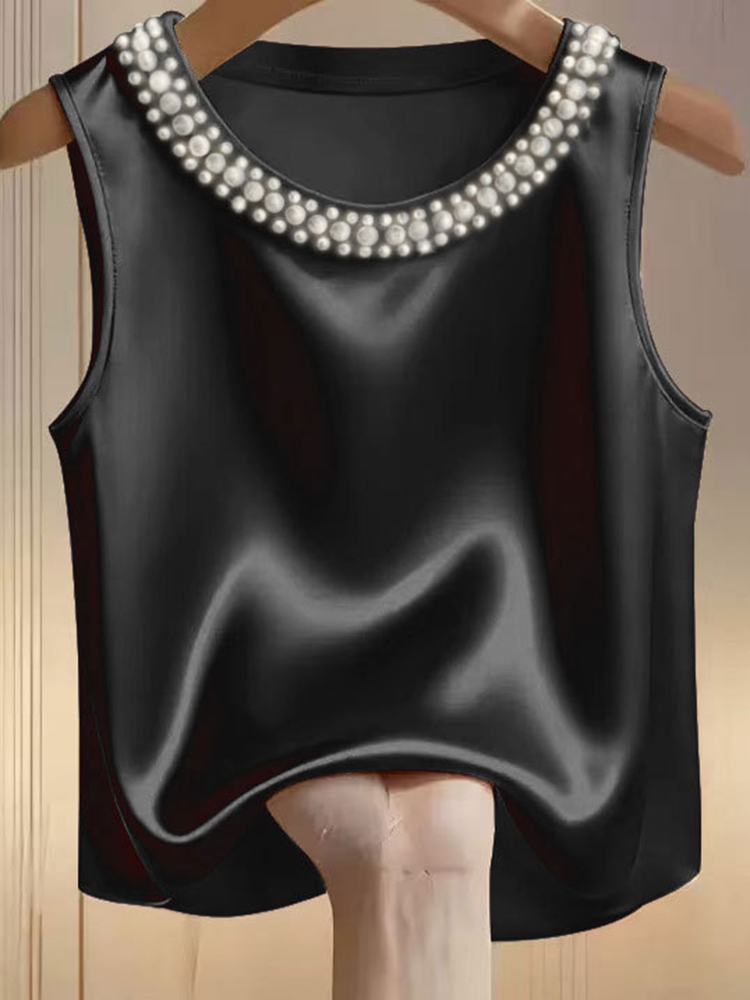 Ladies' Spring/Summer New High end Solid Color Pearl Round Neck Sleeveless Satin Top Tank Top