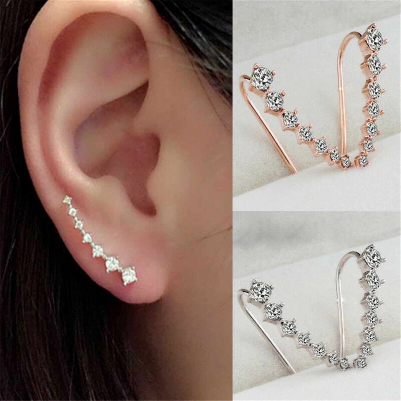 Crystal Ear Climbers 1 Pair Chic Clear Rhinestone Stud Earrings Crawlers for Women Party Jewelry Daily Wear