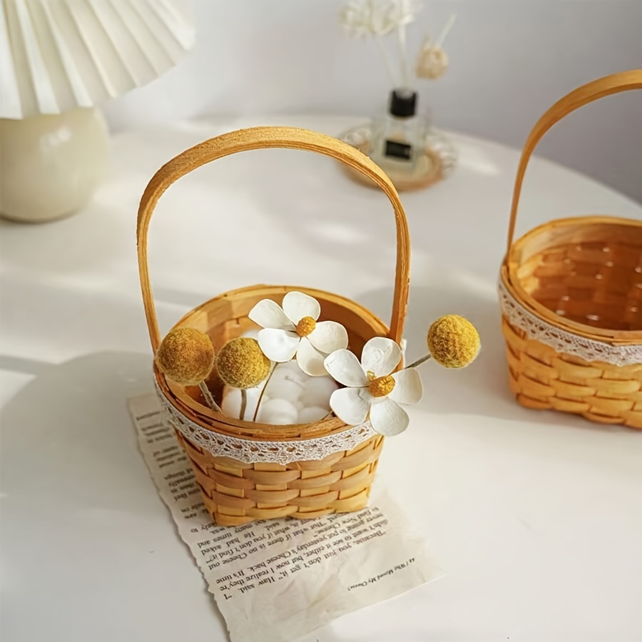 1pc Handmade Wood Woven Basket with Lace Trim, Portable Storage Basket with Handle, Small Picnic Flower Basket for Home Decor Pa