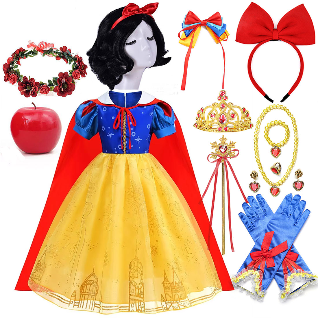 Disney Movie Snow White Classic Dress Girl Cosplay Princess Short-Sleeved Print Clothing With Cloak Summer Party Birthday