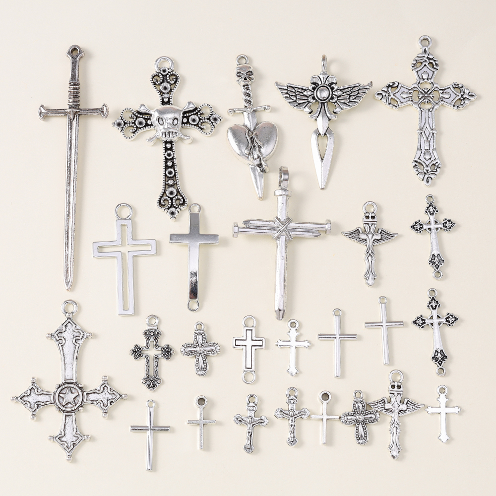 Steampunk Silver Color Alloy Cross Charm Crucifix Pendant For Bracelet Necklace Handmade Hip Hop Grunge Jewelry Making DIY