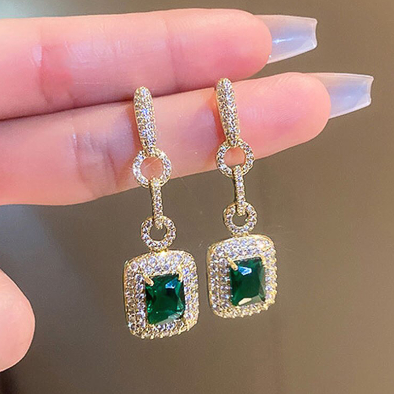 Huitan Luxury Gold Color Green Cubic Zircon Long Hanging Earrings for Women Wedding Party Temperament Female Accessories Jewelry
