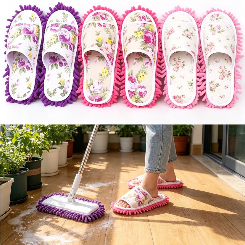 1 Pair Microfiber Slippers One Size Open Toe Detachable Mopping Shoes for Floor Cleaning Dust House Cleaning Tool
