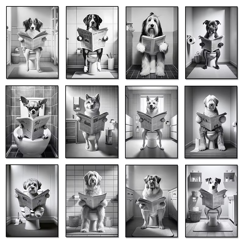 Funny Animal Dog Sitting On The Toilet Reading Newspaper Fashion Poster Canvas Paintings Wall Art Pictures Bathroom Home Decor