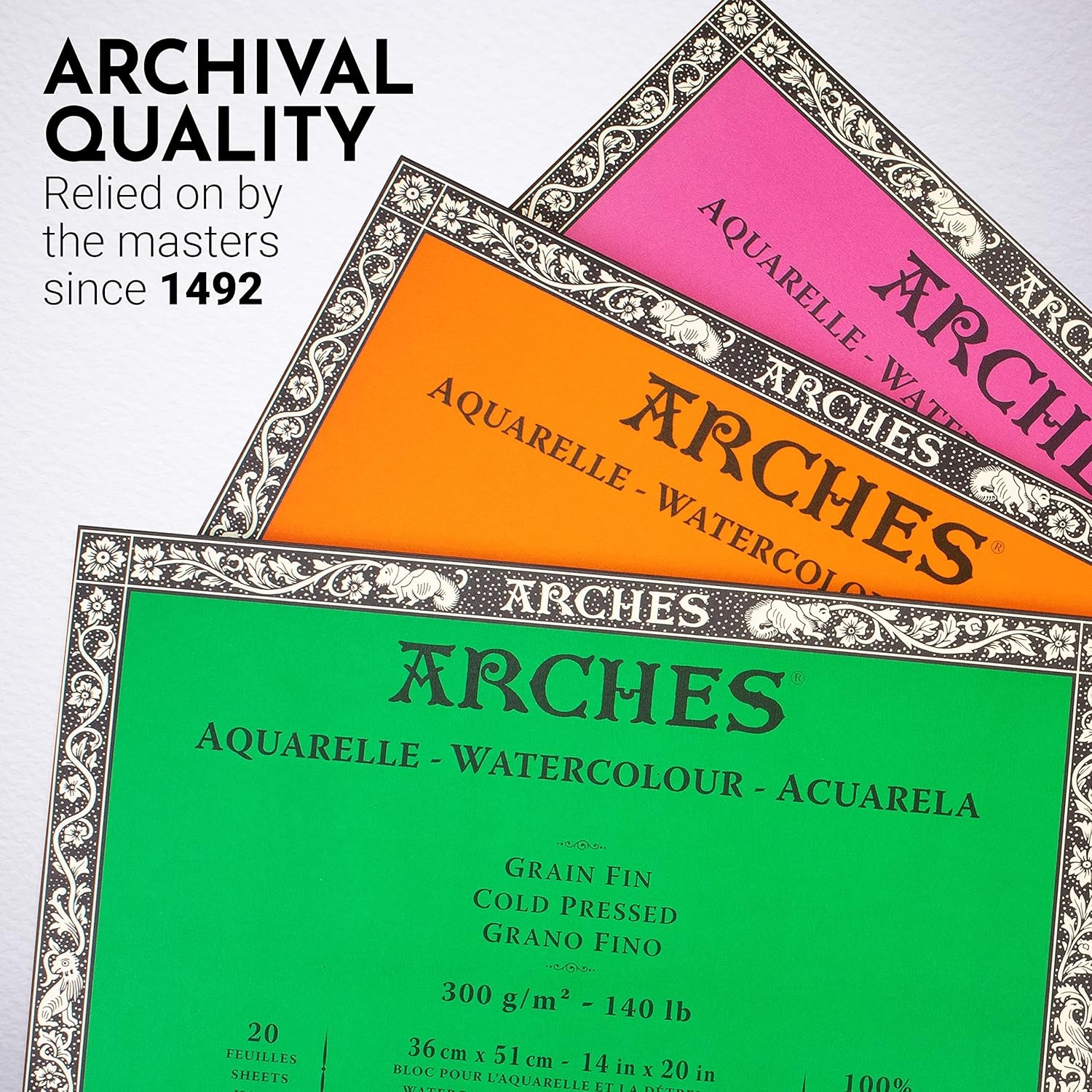France Arches 100% Cotton 300g Watercolor Paper - 20 Sheets Natural White Sketchbook Block for Artists & Students