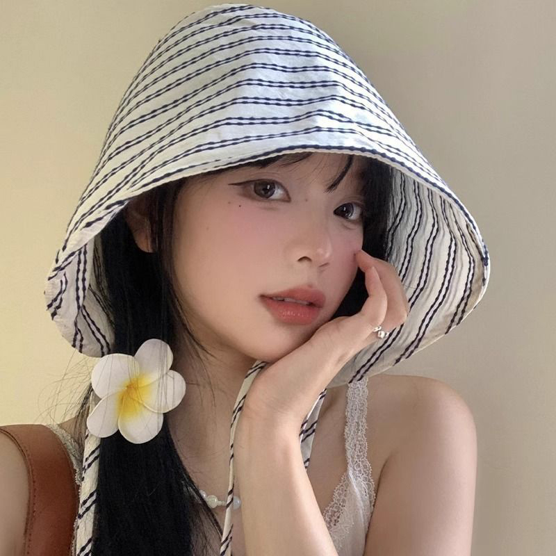 NEW Large Brim Foldable Bucket Hats With String For Women Korean Striped Female Panama Bob Outdoor Beach Fishermen Hat