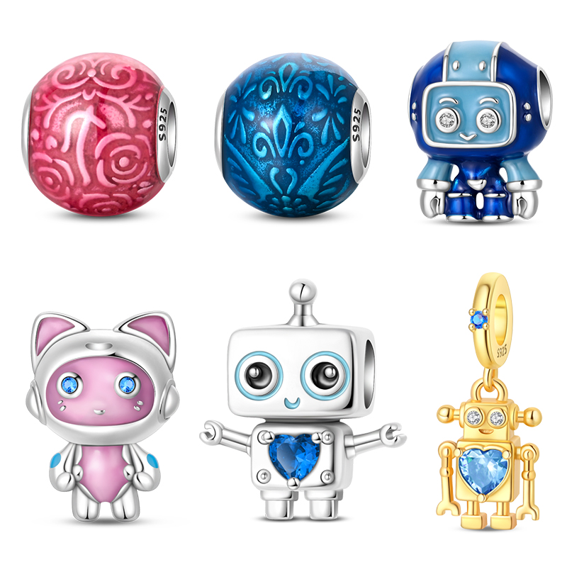 New 925 Sterling Silver Retro Totem Cute Robot AI Robot Mecha Cat Charms Beads Fit 3mm Original Bracelets Fine DIY Jewelry Gifts