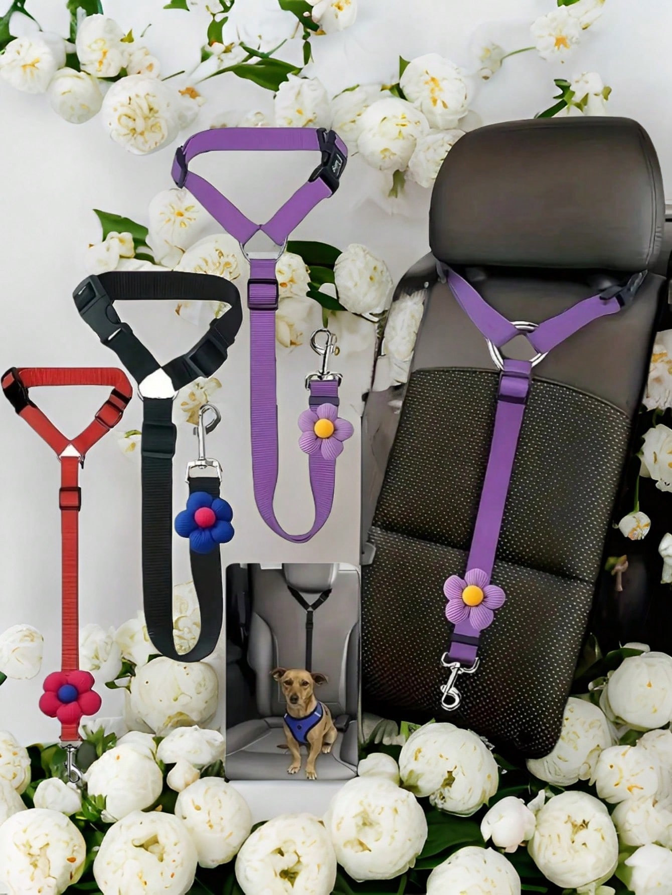 Solid Color Two-in-one Pet Car Seat Belt Nylon Lead Leash Backseat Safety Belt Adjustable Dogs Harness Collar Pet Accessories